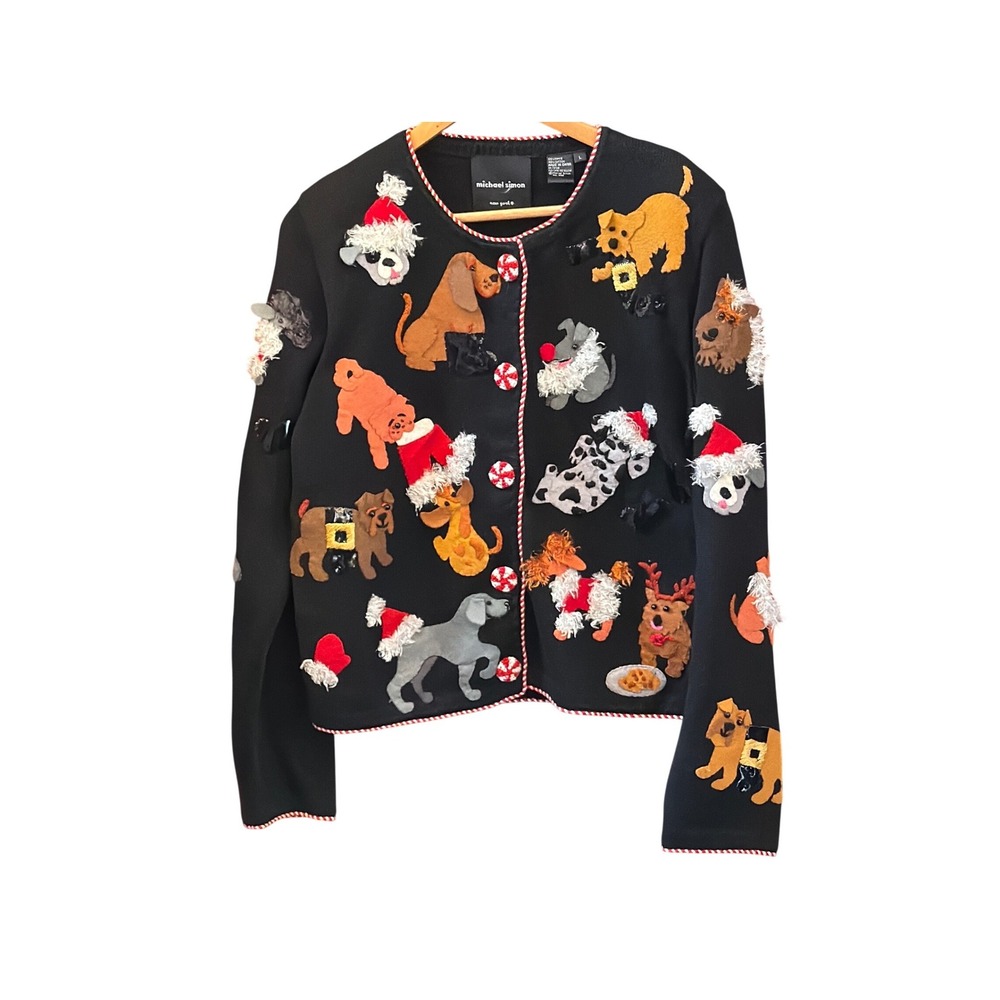 1999 Michael Simon Dog Cardigan Christmas Ugly Sweater Whimsical Kitsch Festive